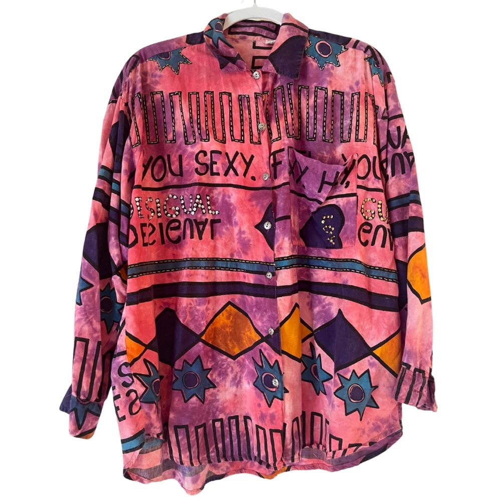 Colorful 90s button down shirt size large / cotton and rayon / beaded